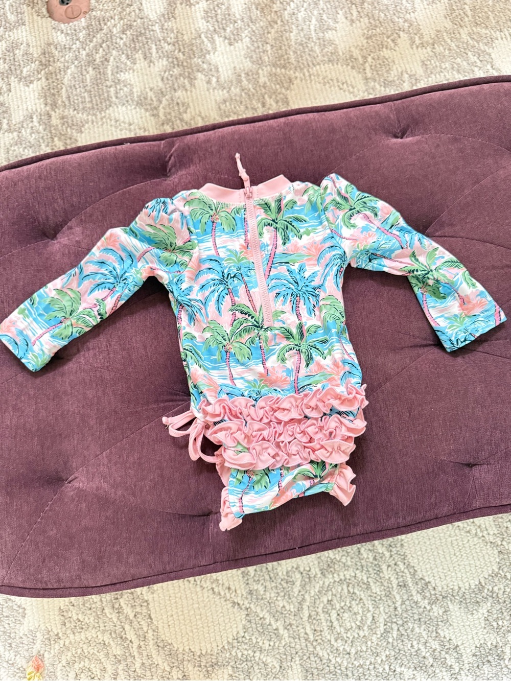 12–18M Caden Lane Pink Tropical Palm Long-Sleeve Baby Girls Swimsuit - Picture 2 of 3
